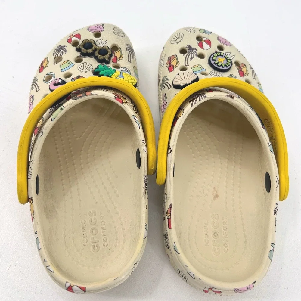 Crocs Kids Classic Clog Beach Vacation Print Yellow Strap Jibbitz Size C12